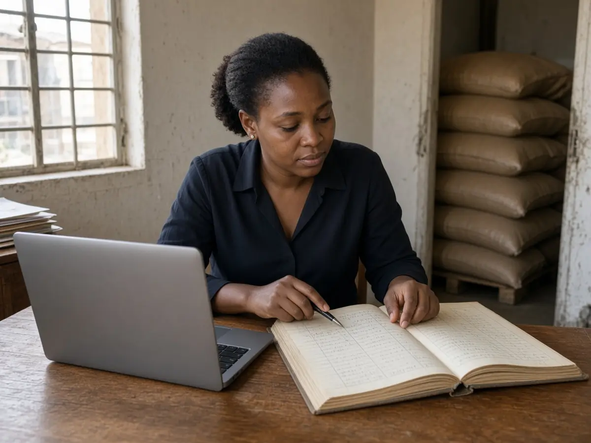 A business owner moving her handwritten credit book onto InuaBiz Ledger