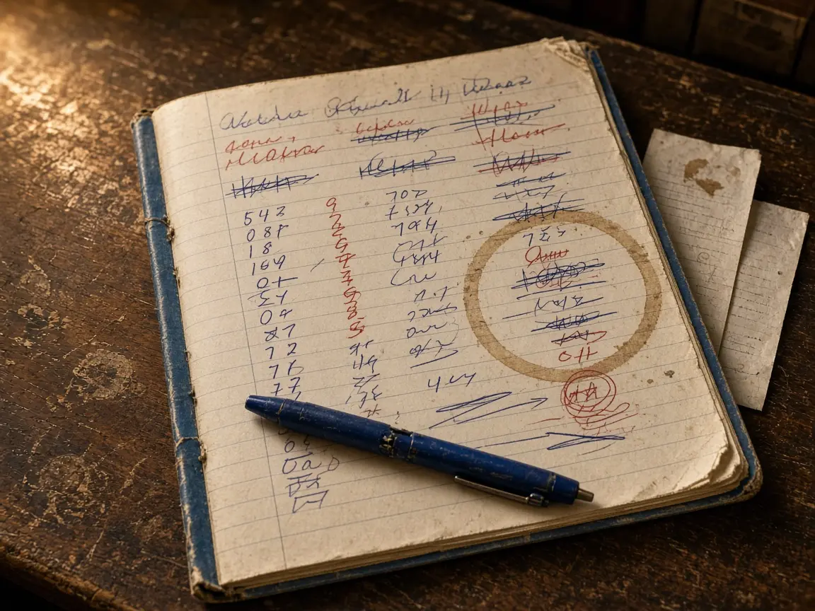 An open exercise book of customer debts with names crossed out and totals scribbled in the margins