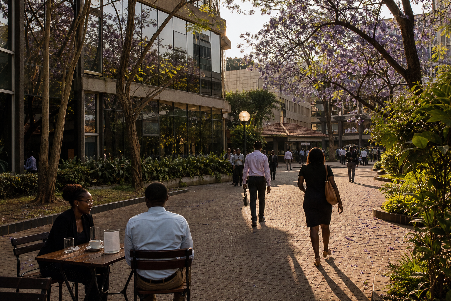 Nairobi street in late afternoon, looking toward office blocks