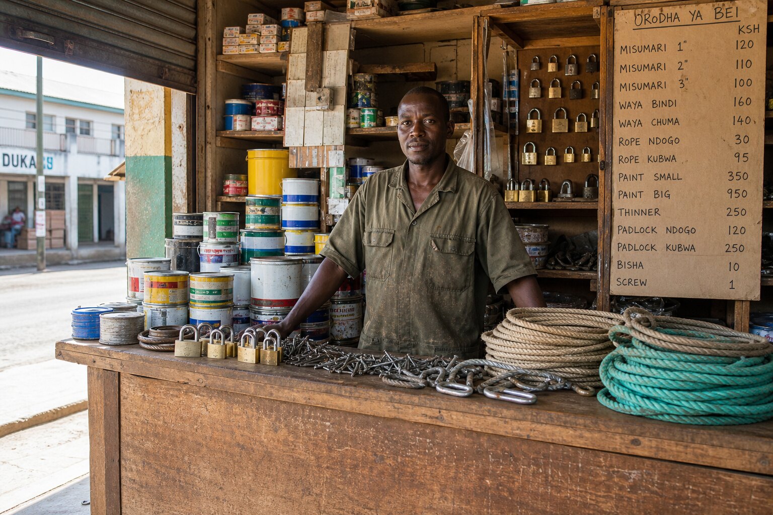 Hardware dukawalla at a wooden counter in late morning Nairobi light
